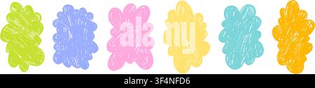 Set of fluffy cloud frames for primary school, kindergarten, kid birthday design. Hand drawn crayon doodle sticker, label, highlight for diary, scrapb Stock Vector