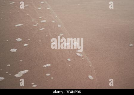 Close-up photo of wet beach sand with a thin sea water line and small white foam bubbles Stock Photo