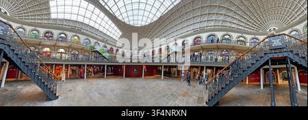 Leeds Corn Exchange interior panorama showing the ornate Victorian trading hall, Call Lane, Leeds, West Yorkshire, England, UK. Stock Photo