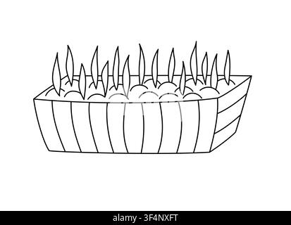 Wooden planter box with growing sprouts simple hand drawn doodle illustration, ideal for spring gardening, home agriculture, seedling packaging Stock Vector
