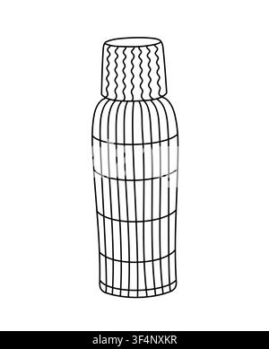 Thermos or water bottle with checkered and wavy textures, simple doodle line art image, reusable container for travel concepts, hydration branding, outdoor activities, and zero-waste patterns Stock Vector
