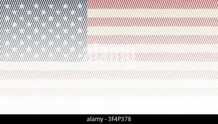 Flat vector American flag dissolving into halftone dots from top to bottom, vintage vanishing patriotic background for creative USA designs. Stock Vector