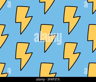 Yellow lightning bolt seamless pattern on light blue background. Doodle flash energy pattern vector illustration for fabric, wallpaper, or packaging d Stock Vector