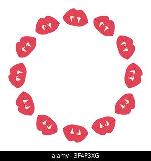 Vampire mouth with fangs round frame isolated on white background. Red lips with sharp teeth wreath border vector illustration for Halloween design Stock Vector