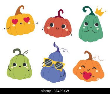 Cute pumpkin characters set isolated on white background. Cute Kawaii halloween pumpkin emoticons with funny emotions, sunglasses, and crown vector il Stock Vector