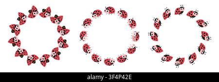 Cute ladybug round frames set isolated on white background. Vector illustration of cute insect borders, red beetle wreaths for spring, summer, or kids Stock Vector