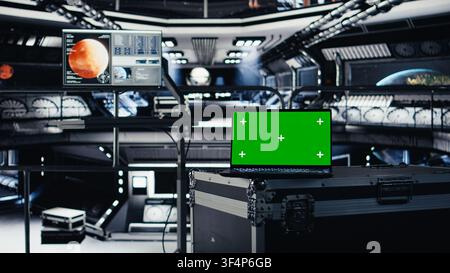 Green screen laptop inside futuristic spacecraft bay next to nearby monitor displaying Mars dashboard system telemetry. Mockup notebook used for navigation to red planet during orbital mission Stock Photo