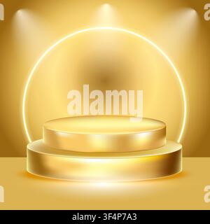 Golden luxury award podium with sparkling light rays. Premium elegant stage with gold background with soft spotlight for winners, champions, and Stock Vector