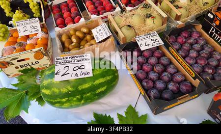 MILAN, ITALY - JUN 15, 2024: A vibrant outdoor market stall in Milan presenting fresh watermelon, plums, kiwi, peaches, and melons in boxes with price Stock Photo