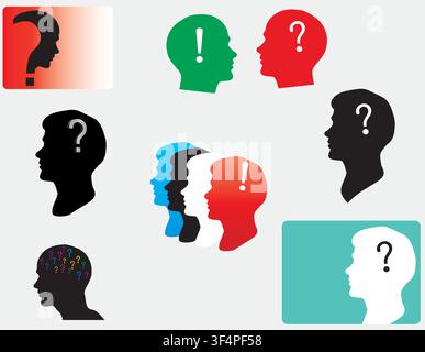 Colorful and black profile silhouettes with question marks and exclamation points conveying thinking, ideas, uncertainty,  problem solving Stock Vector