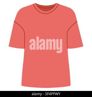 Coral crew neck short sleeve oversized t shirt with relaxed silhouette and dropped shape, minimal structure. Technical fashion illustration front view in flat color, modern clothing template. Vector Stock Vector