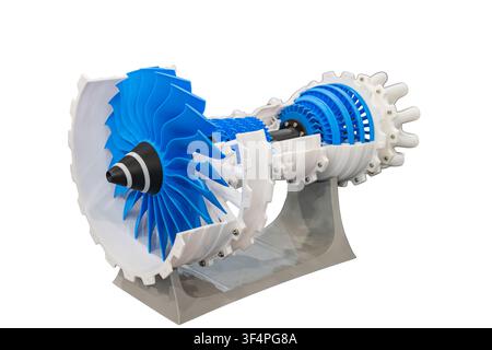 Jet engine model on plain white background, featuring intricate design, detailed components, blue highlights, smooth glossy finish, professional comme Stock Photo