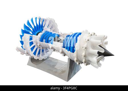 Jet engine model on plain white background, featuring intricate design, detailed components, blue highlights, smooth glossy finish, professional comme Stock Photo