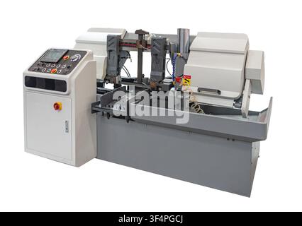 Heavy duty automatic dual column horizontal band saw machine for precision metal cutting. Features a robust steel frame with white protective covers, Stock Photo