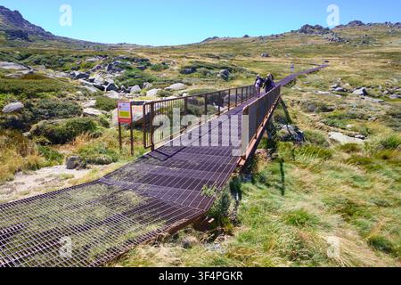The path, trail, walkway with metal bridge up to the summit. At Thredbo, Mount Kosciuszko National Park in New South Wales, Australia. Stock Photo