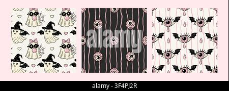 Pink Halloween Seamless Pattern Set Cute Ghost CreepyEyeball Coquette Vector Background Collection Stock Vector