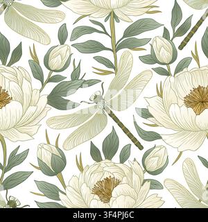 Whimsical Vintage Peony Dragonfly Art Nouveau Seamless Pattern Rose Floral Vector Motif Background Stock Vector