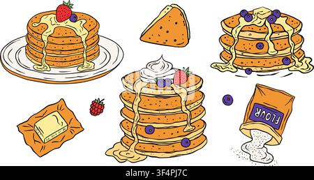 Pancake Breakfast Vector Set Hand Drawn Food Clipart Whimsical Collection Stock Vector