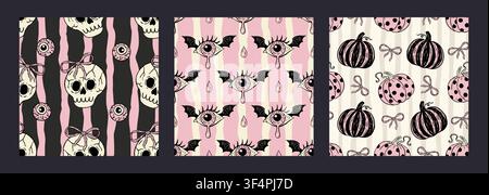 Pink Halloween Seamless Pattern Set Cute Horror Gothic Skull Pumpkin Eyeball Vector Background Collection Stock Vector