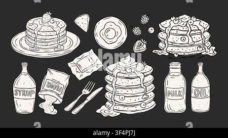Pancake Breakfast Vector Set In Sketch Retro Style Cartoon Food Illustration Stock Vector