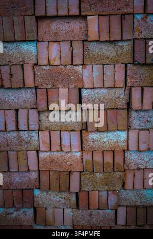 A vertical, full-frame close-up displays a wall of uniformly stacked rectangular red clay bricks, some exhibiting rough, worn surfaces with white and Stock Photo