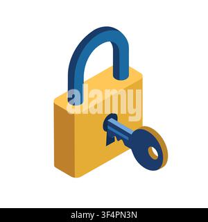 Isometric 3d illustration of a yellow padlock and blue key, symbol for security, data protection and privacy isolated on white background Stock Vector