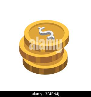 3D Isometric Stack of Gold Dollar Coins Illustration Isolated on White Background Stock Vector