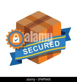 Secure package delivery icon with cardboard box, blue ribbon, and safety lock symbol. Stock Vector