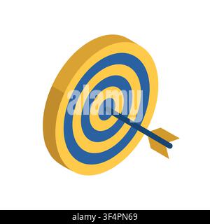 Isometric 3D vector illustration of a blue and yellow target with an arrow hitting the bullseye, symbolizing business success, accuracy, and goal achi Stock Vector