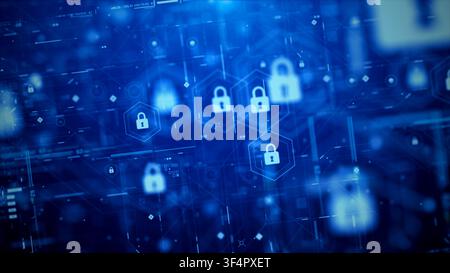 3D rendering cyber security HUD scene with layered digital locks, flowing data lines and futuristic network panels, designed for high-tech visuals, AI Stock Photo