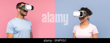 Smiling Man And Woman Wearing Vr Headsets, Experiencing Virtual Reality, High Tech Concept Stock Photo