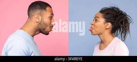 Man And Woman Making Funny Faces At Each Other, Pink And Blue Background Stock Photo
