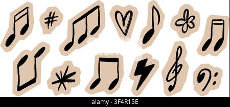 Scrapbook hand drawn music sticker set. Crayon doodle musical signs and symbols on cutout paper. Collage style scribble elements with lightning bolt, star, heart. Vector pack for festival poster, zine Stock Vector