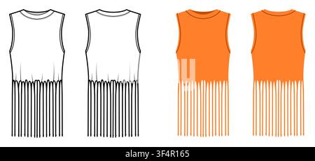 Sleeveless top with fringe hem detail and clean neckline, relaxed silhouette minimal shaping. Technical fashion illustration in black and white color, front back views, modern apparel CAD template. Vector Stock Vector