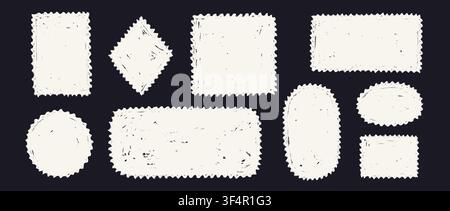 Hand drawn crayon postal stamp collection. Doodled wavy edge borders and box frames set. White playful sketched geometric shape pack for sticker, logo, collage, postcard, patch, label, icon. Vector Stock Vector