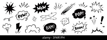 Comic cartoon line splash set. Hand drawn comic line splash effect with cartoon pop icon boom wow. Explosive speech bubble burst action motion explosion emphasis elements. Vector illustration Stock Vector