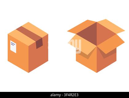 Isometric vector illustration of open and closed cardboard shipping boxes. Ideal for logistics, delivery, ecommerce, packaging, and warehouse concepts Stock Vector