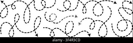 Dashed arrow squiggly vector line set. Curved shape doodle brush element. Complex plan, map path pattern. 3d up down direction scribble dynamic curly Stock Vector
