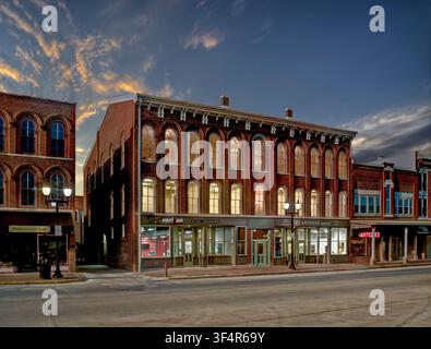 Midwestern mercantile building facades are designed as the primary, high-visibility attraction for retail and commercial activity. Stock Photo