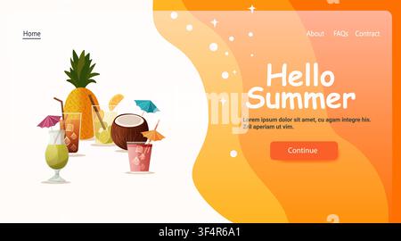 Summer tropical drinks pineapple coconut citrus colorful beverages with umbrellas orange gradient background web banner template Stock Vector