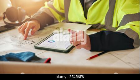 Hands, engineer and blueprint with tablet for construction, layout and architecture for expansion. Person, review or document with digital screen for Stock Photo