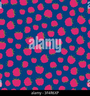 Yummy raspberries on dark blue background, vector seamless pattern. Organic berries texture. Wallpaper, textile design Stock Vector