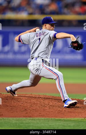 Texac Rangers Texas Rangers pitcher MacKenzie Gore throws to the New York Mets during ...
