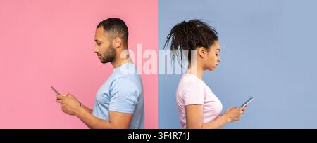 Focused Black Woman And Man Using Smartphone, Side Profile, Modern Setting Stock Photo