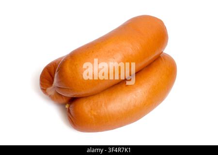 Three thick sausages on a white background. Close-up of natural meat sausages. Stock Photo