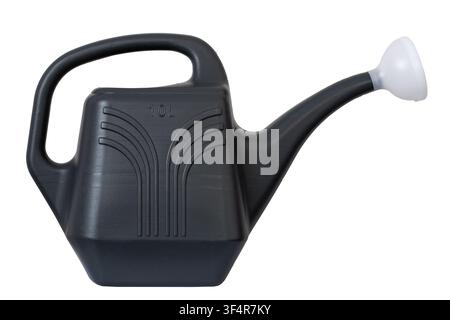 A black plastic watering can isolated on a white background. A close-up of a modern watering can. Stock Photo