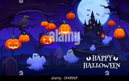 Happy Halloween greeting card with scared ghosts Stock Vector
