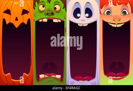 Halloween monster character faces with wide grin Stock Vector