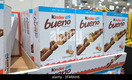 Boxes of Kinder Bueno Chocolate Bars Displayed on Costco Store Shelf in Japan Stock Photo