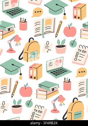 Vector seamless pattern with school objects. Back to school. Texture with illustrations on the topic of education and learning in a flat style Stock Vector